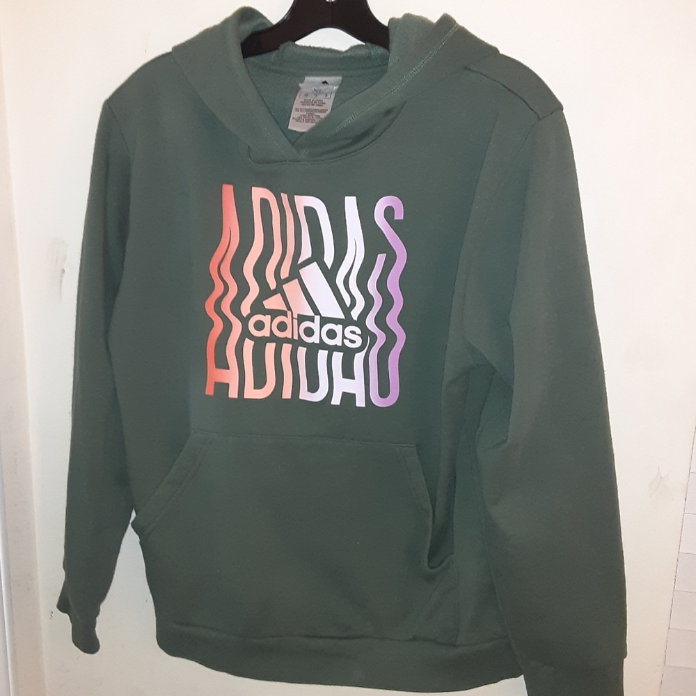 Adidas Ladies Game On Graphic Hoodie - Green Oxide SZ:XL(18/20) Kangaroo Pockets